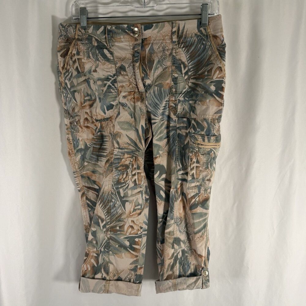 Chico's Capris Women's 6P Petite Tropical Print Elastic Waist Rolltab Cuff Pocke